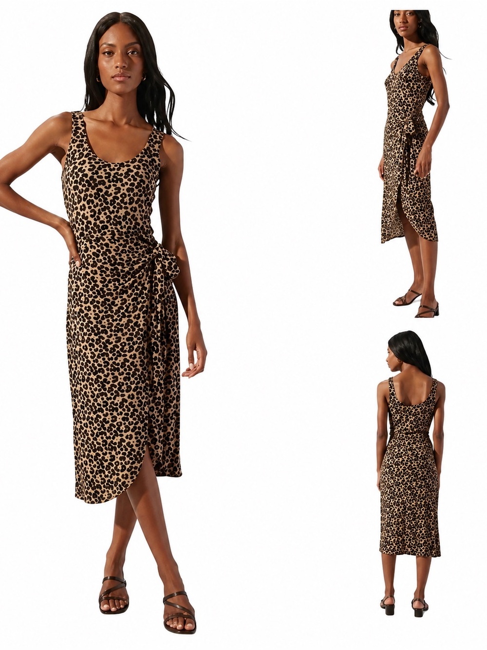 Sleeveless Leopard Print Tie-Waist Midi Dress - Brown/Black
